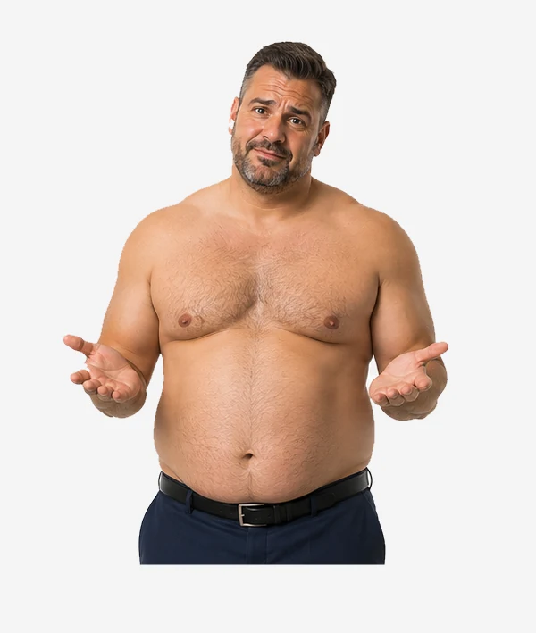 Grote man zonder overhemd aan het begin van de GROMAMO maatwijzer