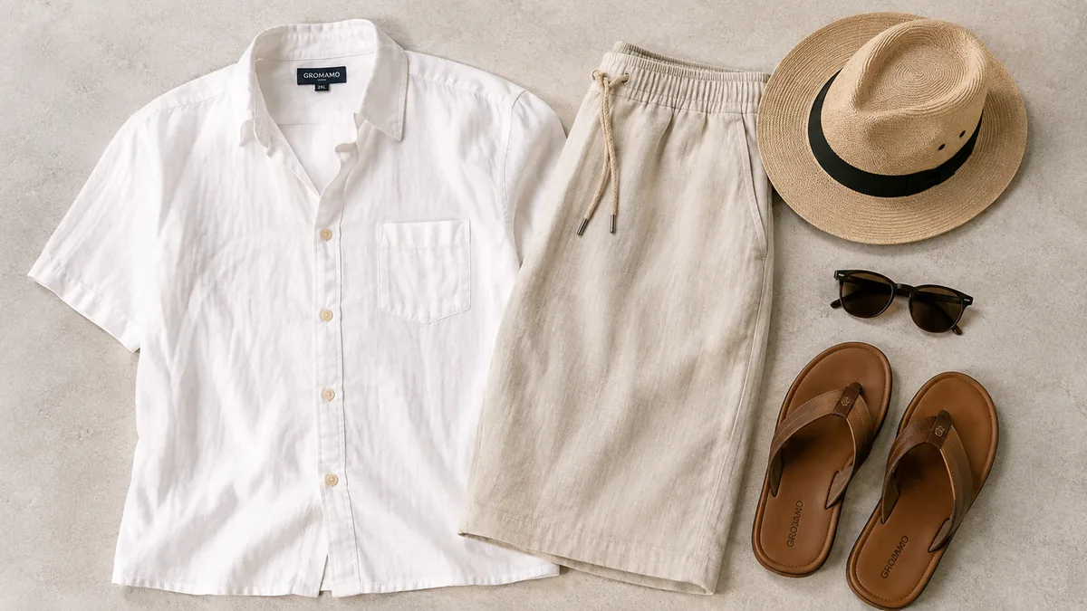 Luchtige zomercombinatie met wit overhemd, lichte broek, strohoed, zonnebril en leren schoenen